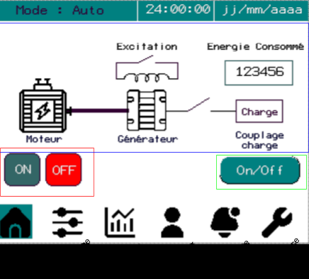 IHM Vijeo Designer avec synoptique moteur-générateur et accès aux fonctions de supervision