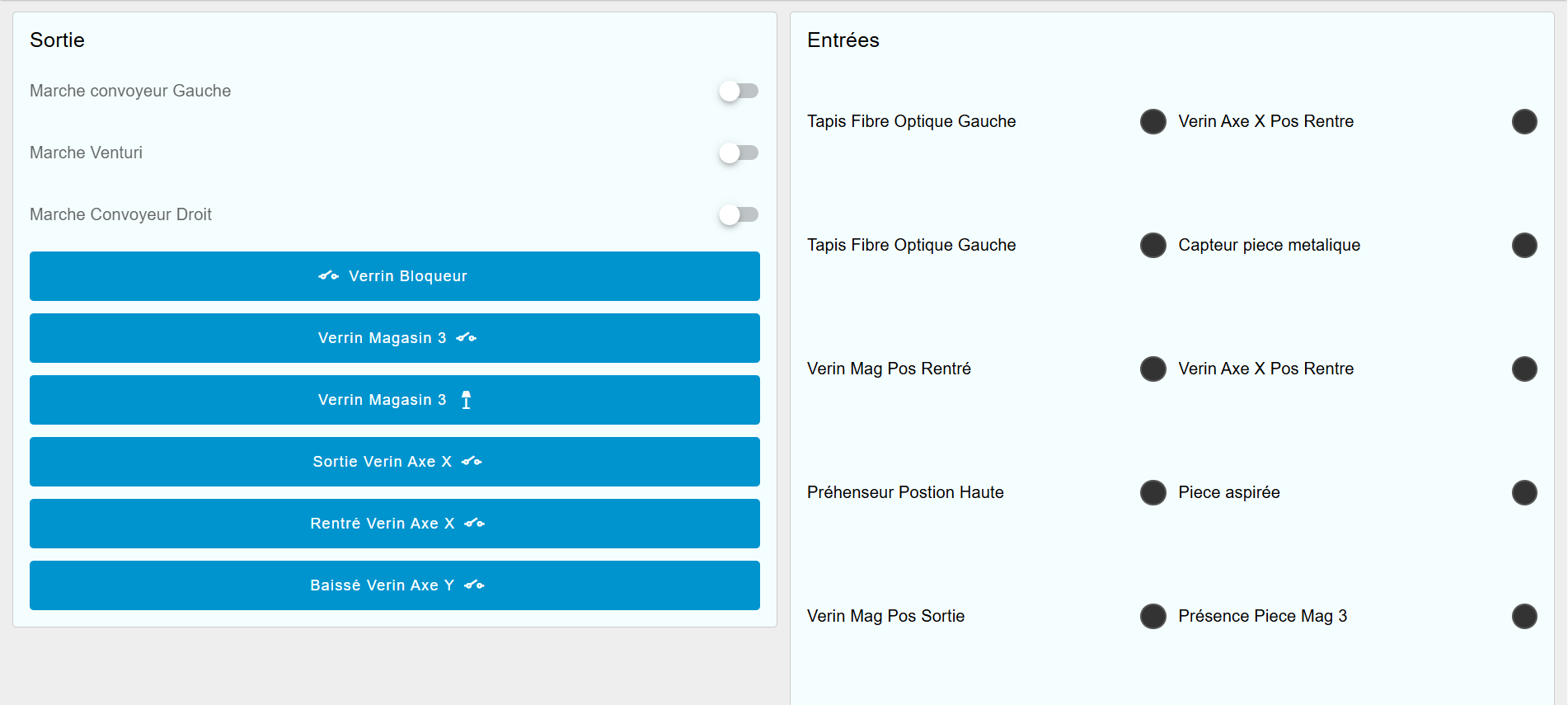Vue de maintenance Node-RED avec commandes du convoyeur et des vérins et voyants des capteurs
