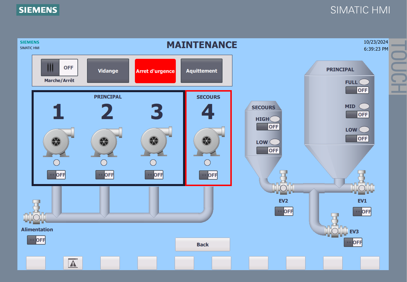 Vue WinCC de maintenance avec commandes individuelles des pompes et des vannes